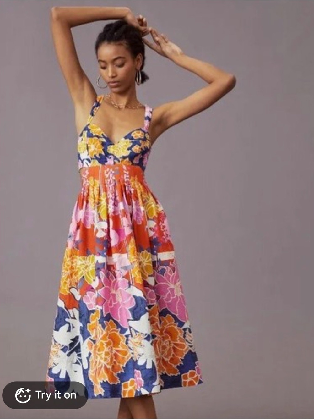 Maeve Multicolor Floral Midi Dress - Pink, Orange & Navy